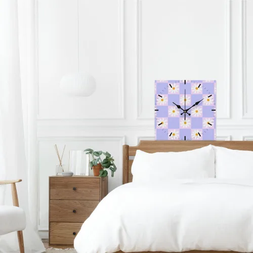 Vista 6 de Retro Checkered Purple Flower Battery Operated Clock Wall Clocks Battery Operated Wall Clock Decor Set Clocks Reloj De Pared for Kitchen Bathroom