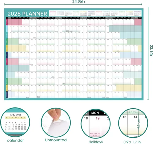 Vista 3 de Calendario anual de pared 2026, calendario de pared 2026, enero de 2026 a diciembre de 2026, calendario anual con fechas julianas, papel grueso