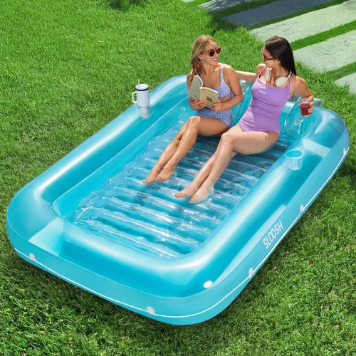 Vista 11 de SLOOSH Flotador inflable, camastro para adultos, con almohada, 178 x 117 cm, 4 en 1: balsa-tina bronceadora, camastro para tomar el sol, fiestas Azul