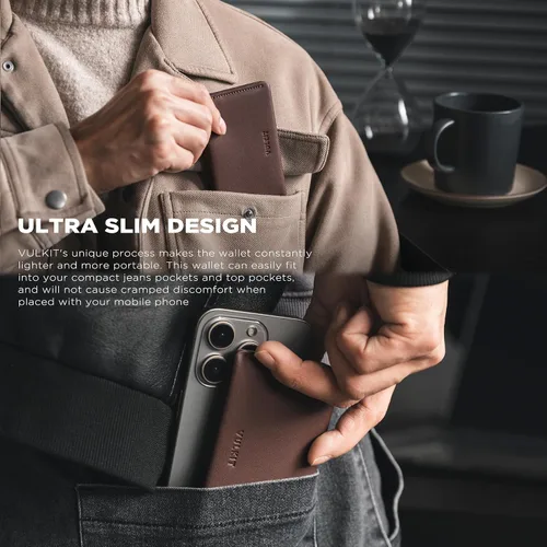 Vista 2 de VULKIT Cartera delgada minimalista con bloqueo RFID de cuero genuino, tarjetero con bolsillo frontal, cierre magnético, Espresso, Minimalista