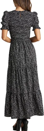 Vista 123 de BTFBM Vestidos para mujer, cuello redondo, casual, de verano, con volantes, manga corta, bohemio, con niveles, fruncido, largo, con estampado floral