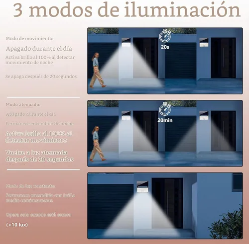 Vista 2 de Paquete de 2 luces solares de movimiento para exteriores, luz de movimiento exterior, 3 modos de iluminación, sensor de movimiento, luz de pared