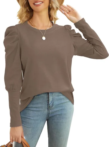 Vista 3 de WIHOLL Sudaderas para mujer, cuello redondo, manga abombada, túnica de otoño para leggings