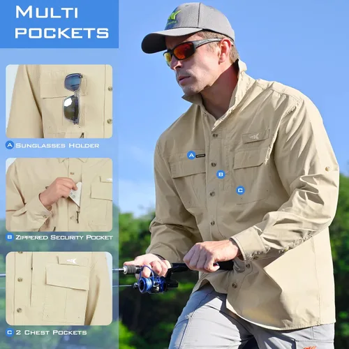 Vista 3 de KastKing ReKon Mens Fishing Shirts Smart Design UPF 50 Quick-Dry Breathable Roll-Up Long Sleeve Button-Down Shirts