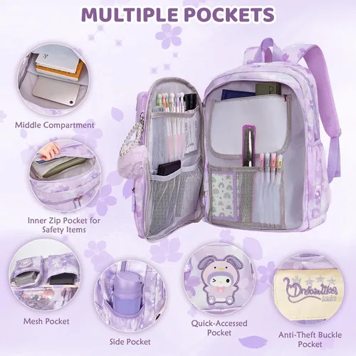 Vista 2 de Mochila Kawaii para niñas primaria primaria y media con múltiples bolsillos, bolsas casuales de viaje, Púrpura, Grande, dibujos animados