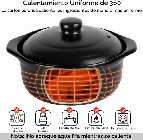 Vista 3 de Olla de arcilla de 3.4 cuartos para cocinar con tapa para placa de Negro 3.2L