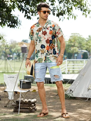 Vista 6 de Floerns Camisa de playa hawaiana de manga corta con botones para hombre