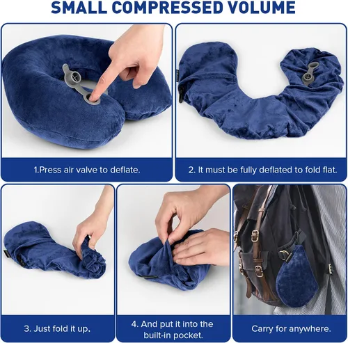 Vista 6 de Almohadas de cuello Rewondah para viajar, almohada de viaje inflable, almohada de cuello inflable para viajar en avión con cubierta lavable