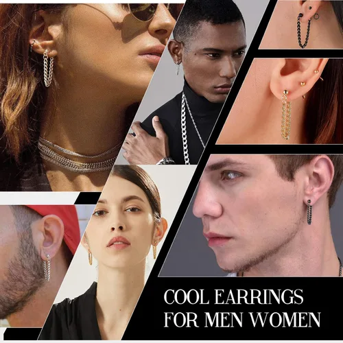 Vista 2 de Aretes colgantes de acero inoxidable para hombres y mujeres, chapados en oro de 18 quilates, aretes colgantes con bisagras, aretes de cadena larga