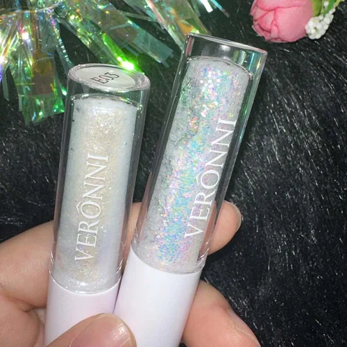 Vista 3 de Juego de maquillaje de lentejuelas líquidas en gel holográfico y delineador de ojos plateado, 2 piezas, resaltador líquido brillante, resistente al