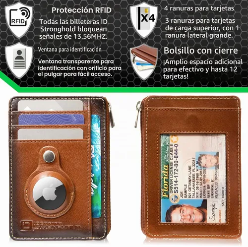 Vista 3 de ID Stronghold Cartera de bolsillo frontal con bloqueo RFID, delgada y minimalista de piel auténtica con bolsillo con cremallera para monedas
