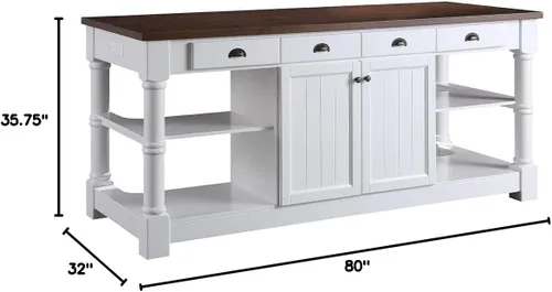 Vista 3 de KD03-80-W-WD Monterey Isla de cocina de granja de 80 pulgadas en color blanco con encimera de chapa de madera de nogal oscuro, no requiere montaje e