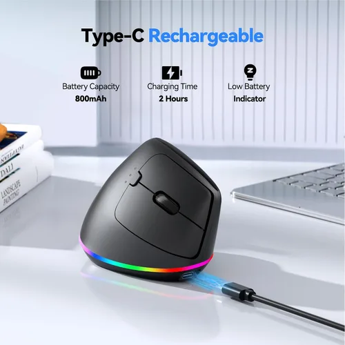 Vista 4 de TECKNET Ratón ergonómico inalámbrico recargable RGB – USB + Bluetooth Multi-dispositivo LED Vertical Mouse con 11 modos de retroiluminación RGB