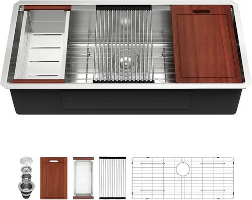 Vista 22 de Sarlai Fregadero de cocina empotrado de 30 pulgadas dorado - Fregadero de cocina de 76,2 cm x 45,7 cm con repisa para estación de trabajo de acero