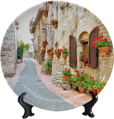Vista 71 de Plato decorativo colgante de cerámica con temática de paisaje, plato decorativo redondo de plantas en maceta, con soporte decorativo, para sala