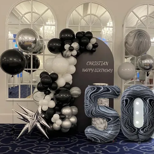 Vista 7 de Globos gigantes de papel de aluminio de mármol negro de 40 pulgadas, globos gigantes de helio número 10 para niños y niñas, decoraciones