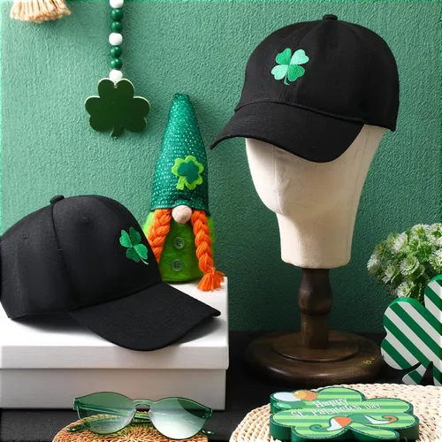 Vista 7 de Liitrsh Paquete de 2 gorras de béisbol del día de San Patricio, trébol de trébol, gorra de béisbol verde irlandés de 4 hojas, sombrero bordado