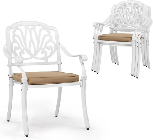 Vista 14 de VINGLI Juego de 2 sillas de patio apilables de aluminio fundido para exteriores con acabado negro vintage y patrón floral, sillones de metal