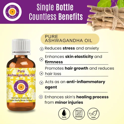 Vista 3 de Deve Herbes Aceite de ashwagandha (Withania somnifera) Infundido, puro, no pegajoso, ligero, para el cuidado facial, hombres y mujeres, 0.33 onzas