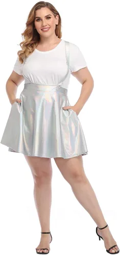 Vista 4 de HDE Falda de tirantes metálica brillante de talla grande con cintura alta holográfica, Metálico