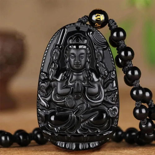 Vista 2 de Collar de Buda, collar de obsidiana negra para mujer, dije de Buda de buena suerte, cadena larga de cuentas que imita el budismo de jade, joyería