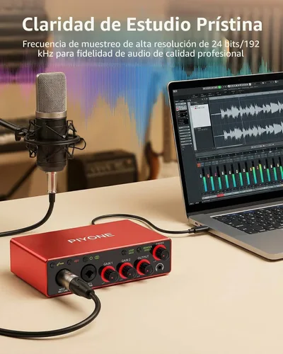 Vista 2 de Interfaz de audio, interfaz 2X2 de 24 bits/192 kHz para alta fidelidad, calidad de estudio para grabación de PC/Mac/iOS, entrada combinada XLR/TRS