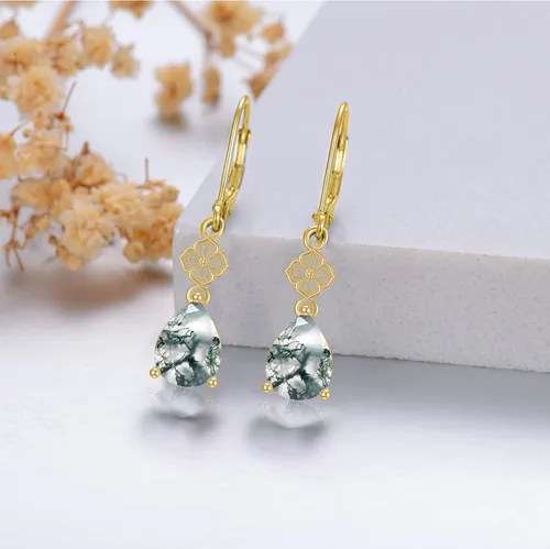 Vista 3 de MUUYON Aretes de ágata musgo natural para mujer, aretes colgantes de oro de 14 quilates con ágata musgo de 0.394 x 0.315 in, regalo de joyería