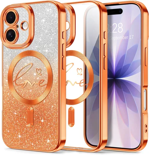 Vista 163 de Hython Funda para iPhone Air con purpurina, compatible con MagSafe Love Heart fundas magnéticas transparentes para teléfono para mujeres y niñas