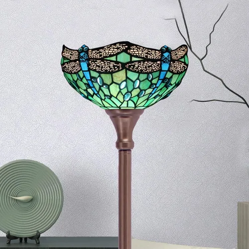 Vista 8 de Tiffany - Lámpara de pie tipo antorcha de vitral de 12 x 12 x 67 pulgadas, luz de esquina antigua (libélula verde)
