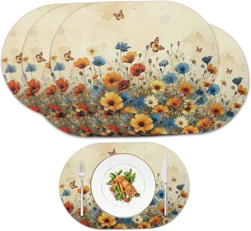 Vista 10 de Blue Flower Dining Table Mats Set of 2 Hummingbird Heat Resistant Placemats Washable and Wipeable Non Slip Place Mat, Waterproof Modern Dining Table