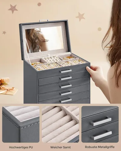 Vista 6 de SONGMICS Joyero organizador de 8 niveles, grande con espejo grande, 7 cajones, gran capacidad, almacenamiento de joyas, estilo moderno, regalo