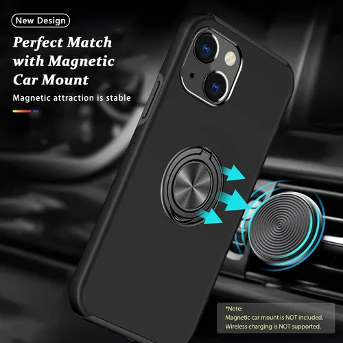 Vista 3 de Funda a prueba de golpes para iPhone 13 de 6.1 pulgadas, [anillo de dedo integrado] funda de teléfono de grado militar con soporte de metal Negro