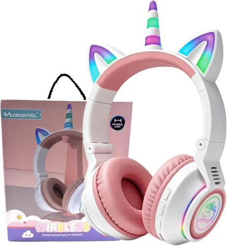 Vista 11 de Auriculares de unicornio para niñas, auriculares Bluetooth de unicornio para niños pequeños, portátil, teléfonos celulares, uso en avión Negro