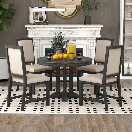 Vista 11 de Juego de mesa de comedor redonda extensible retro de 5 piezas, mesa de comedor ajustable de madera maciza de 42 a 58 pulgadas con 4 sillas de Blanco