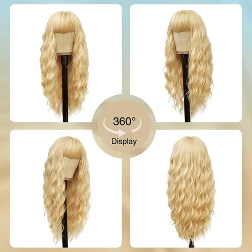 Vista 2 de VERNA - Peluca rubia con flequillo, peluca sintética de aspecto natural, rizada, ondulada de 26 pulgadas, resistente al calor, estilo de parte media