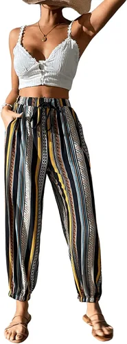 Vista 4 de SweatyRocks Pantalones bohemios de cintura alta elástica con lazo frontal a rayas con bolsillo para mujer