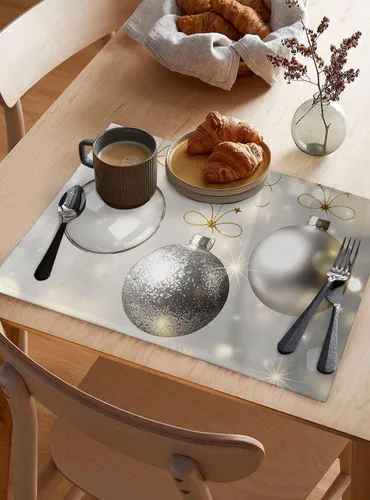 Vista 4 de Juego de 6 manteles individuales de bolas de Navidad para mesa de comedor, paño de lino de algodón para mesa cuadrada/rectangular/redonda