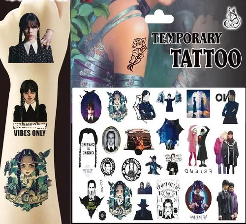 Vista 7 de HERONGSHENG Wednesday Addams, juego de mercancía de Wednesday Addams para fiestas incluyen bolsa con cordón, calcomanías, cordón, llaveros, pulsera