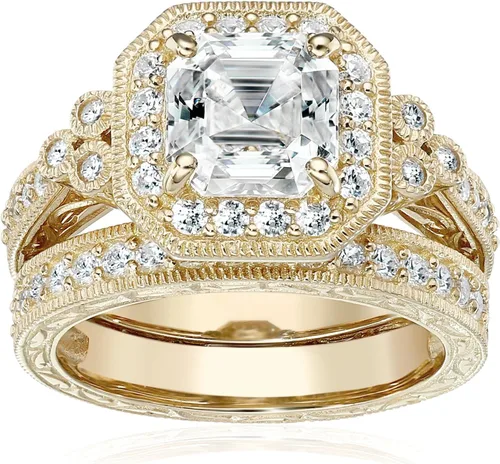 Vista 39 de Amazon Essentials Anillo antiguo de plata de ley chapada en platino o oro con circonita cúbica de elementos infinitos de corte Asscher