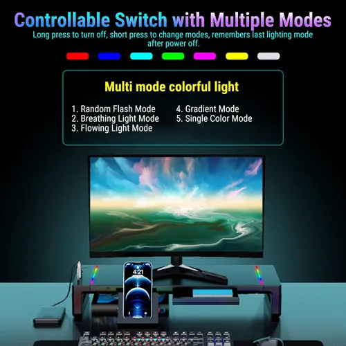 Vista 5 de Yunseity Soporte para monitor con 4 puertos USB, elevador de monitor de altura ajustable con cargador de teléfono, puertos USB Hub y almacenamiento