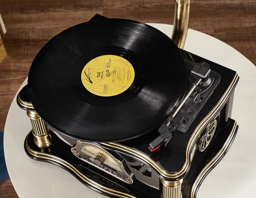 Vista 6 de Gramófono vintage con salida Bluetooth, tocadiscos vintage, tocadiscos retro para discos de vinilo de 7, 9, 12 pulgadas, 3 velocidades, alta Negro