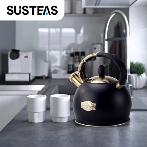 Vista 5 de SUSTEAS Tetera Silbante para Estufa - Tetera de Té de Acero Inoxidable Grado Alimenticio con Mango Ergonómico de Toque Frío, Con 1 Guante de Negro