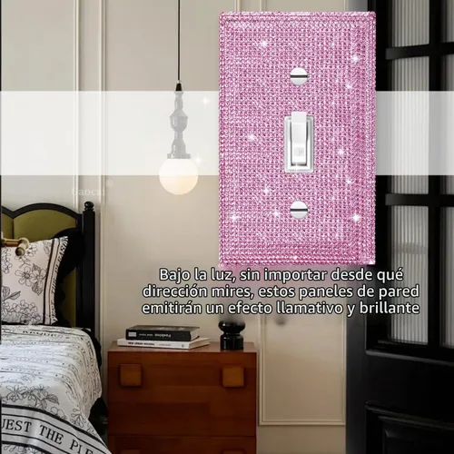 Vista 4 de Placa decorativa de interruptor de luz con diamantes de imitación brillantes en rosa y plata, cubierta de placa de pared con diamantes de imitación
