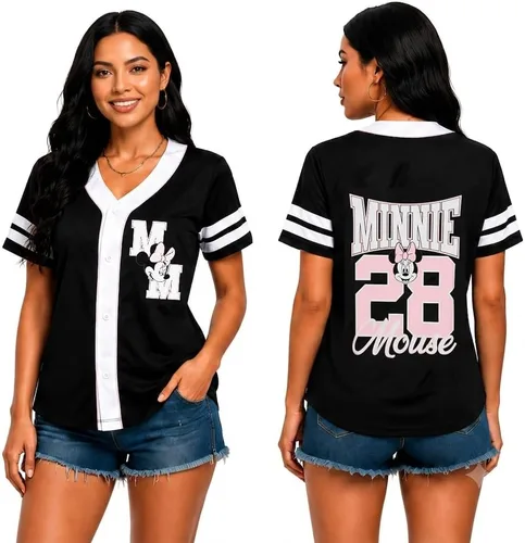 Vista 2 de Womens Baseball Jersey - Short Sleeve Button Down Graphic Tees for Women Béisbol Minnie Negro