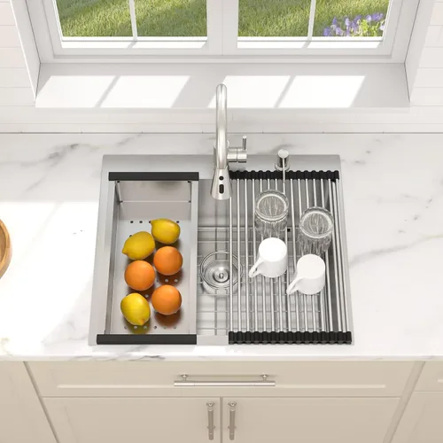 Vista 2 de Dcolora Fregadero de cocina empotrado de 25 pulgadas con grifo, fregadero pequeño de acero inoxidable de sobreponer, fregaderos de preparación