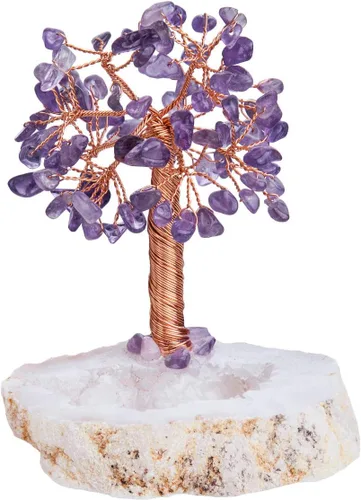 Vista 4 de mookaitedecor Árbol de la vida con cristales curativos de amatista y geoda natural, base de cristales bonsái, para riqueza y suerte, 3.5 a 4.5