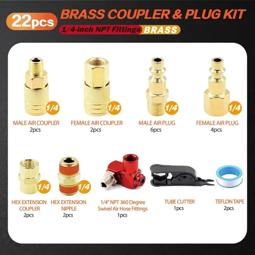 Vista 2 de Kit de acoplador de aire y enchufe, 22 piezas de 1/4" NPT de conexión rápida de aire con junta universal giratoria de 360°, accesorios de compresor