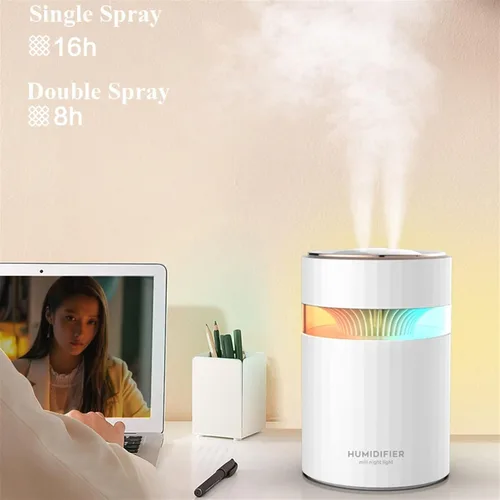 Vista 6 de Humidificador de doble boquilla humidificador de aire USB 900ML capacidad de agua Cool Mist Maker Fogger con luz nocturna colorida Humidificador Rosa