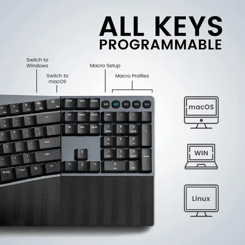 Vista 8 de Perixx PERIBOARD-535RD - Teclado mecánico dividido ergonómico con cable, interruptores lineales rojos de perfil bajo, función programable con teclas
