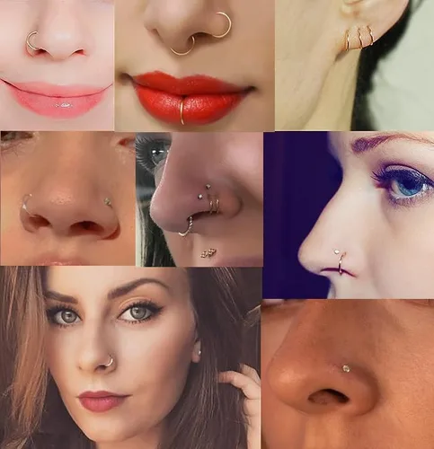 Vista 7 de 12 piercings de nariz hipoalergénicos de acero inoxidable quirúrgico 316L de 0.78 oz, anillos de nariz dorados y plateados, joyería en forma de L